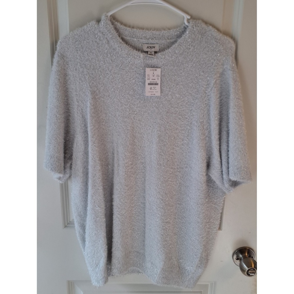 J.Crew Eyelash Sweater Women XL Silver Sparkle Fuzzy Short Sleeve Knit Holid‎